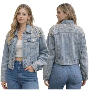 Pearl Embellished Cropped Denim Jacket | Luxe Streetwear Chic | Size Medium